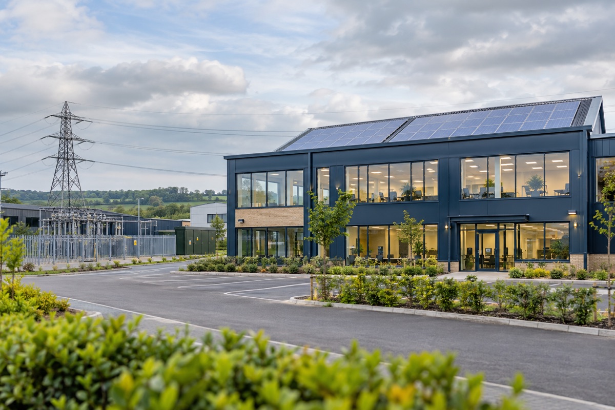 UK commercial building with rooftop solar panels beside its electricity grid connection