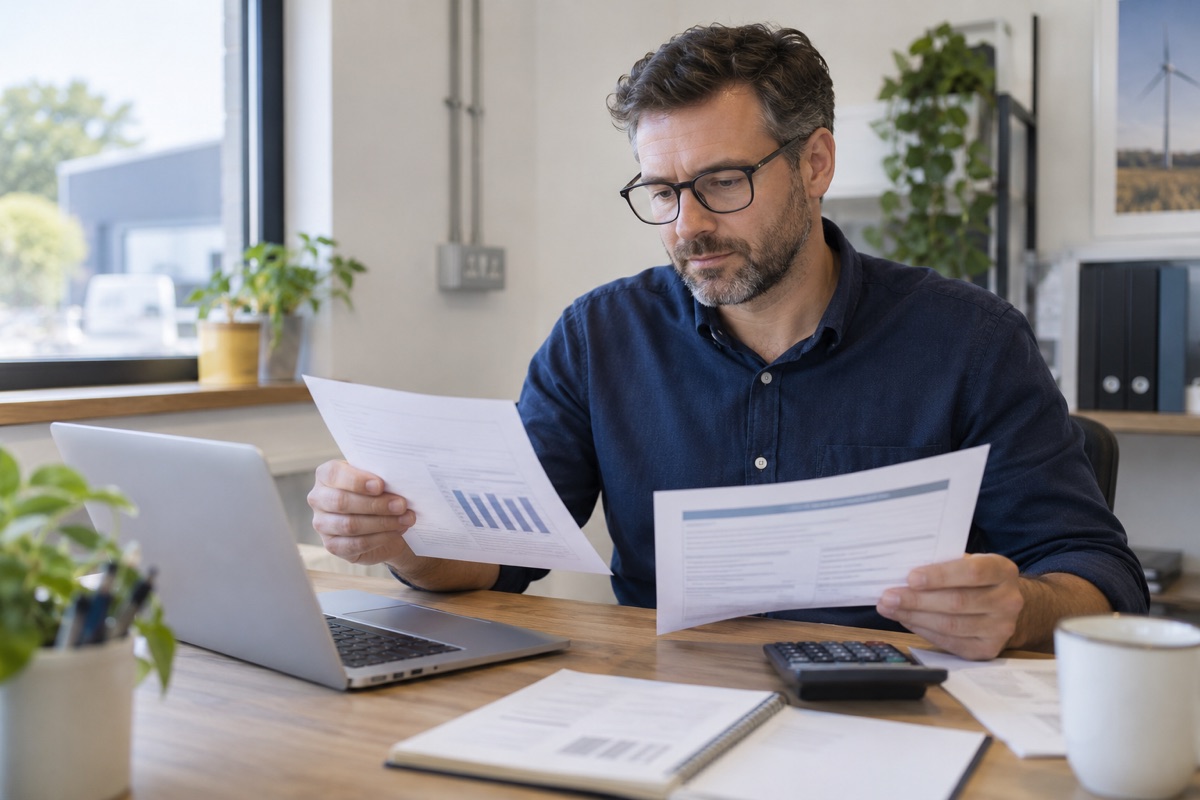 Business owner comparing electricity bills and energy quotes with a calculator and laptop