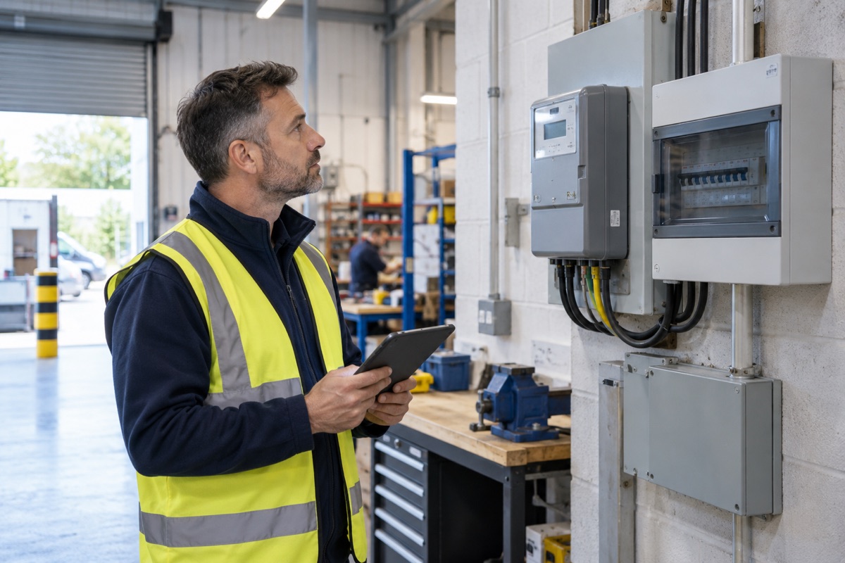 Facilities manager checking a commercial electricity meter and distribution board