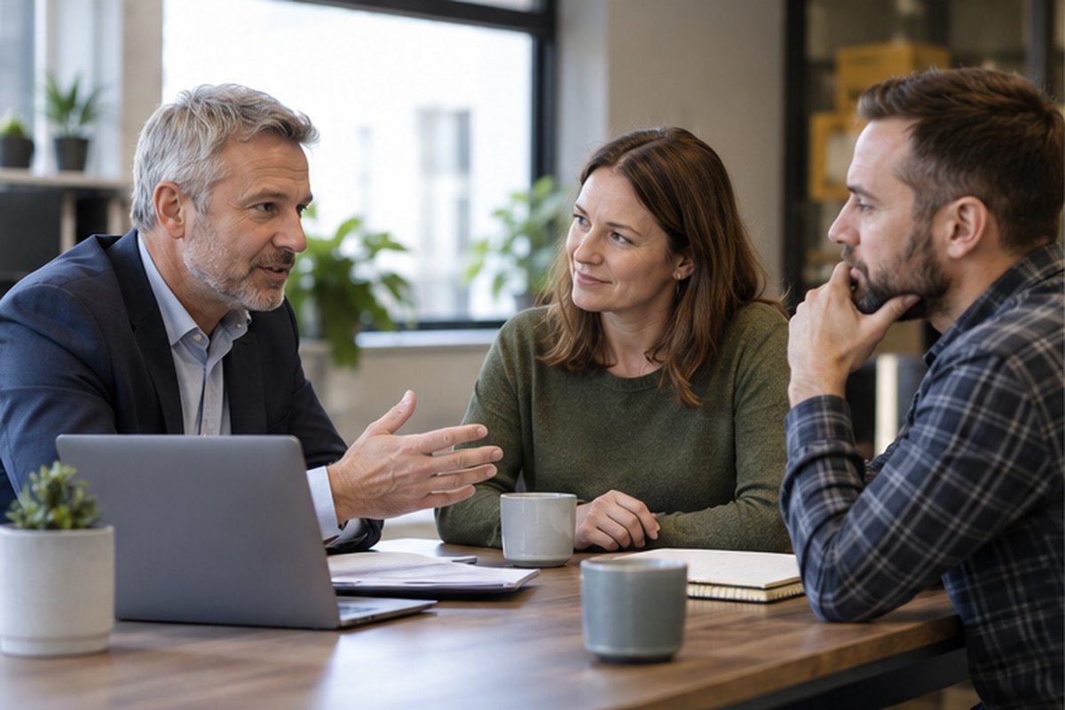 Independent business energy adviser meeting two company owners, relevant to business energy brokers: what to ask before you sign