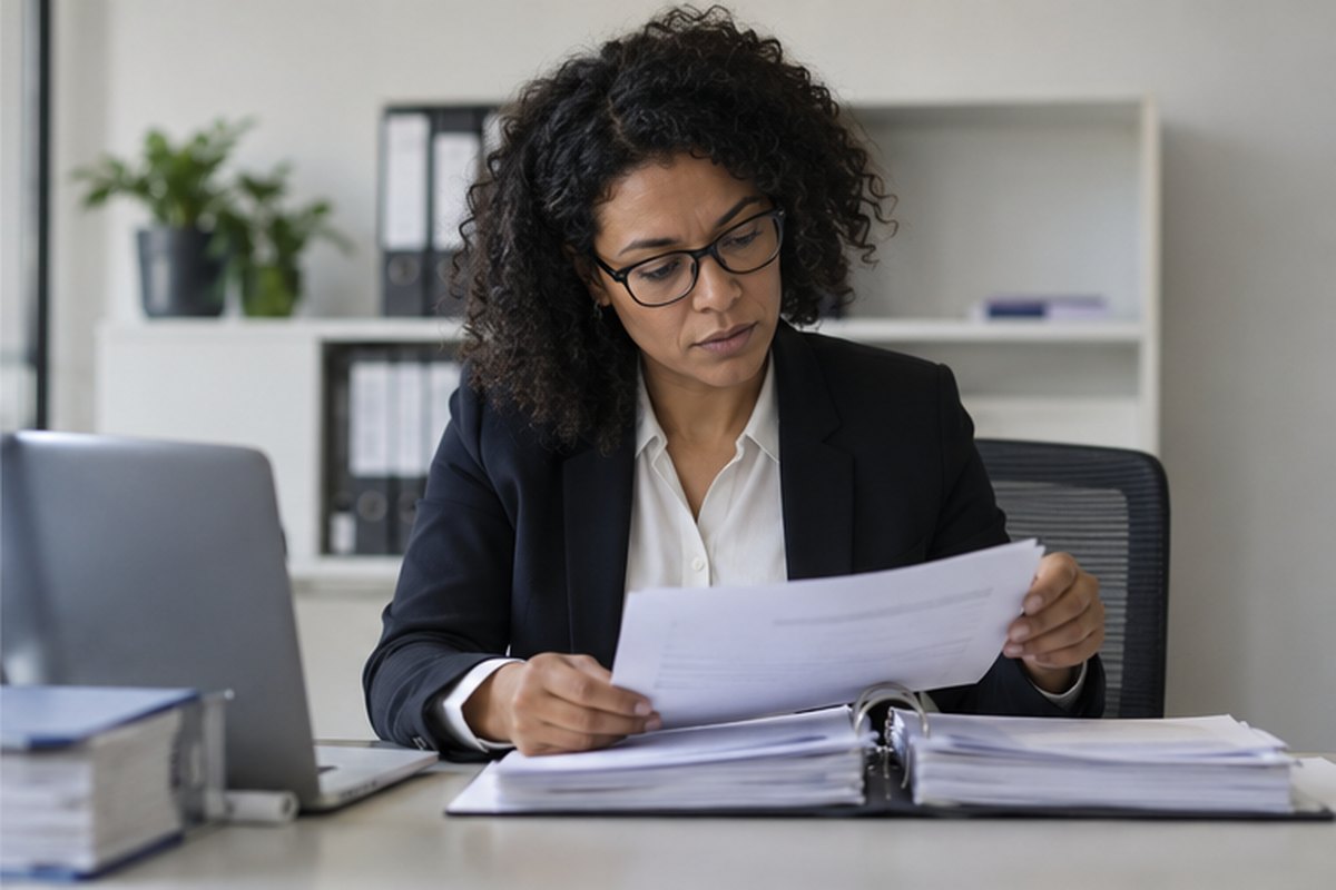 Compliance professional reviewing broker and contract documents, relevant to uk energy broker register & complaints monitor