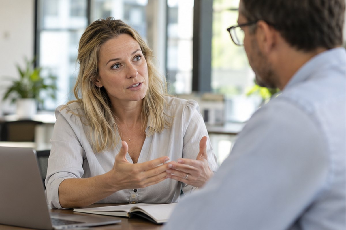 Business owner questioning an energy adviser across an office desk, relevant to uk energy broker register & complaints monitor