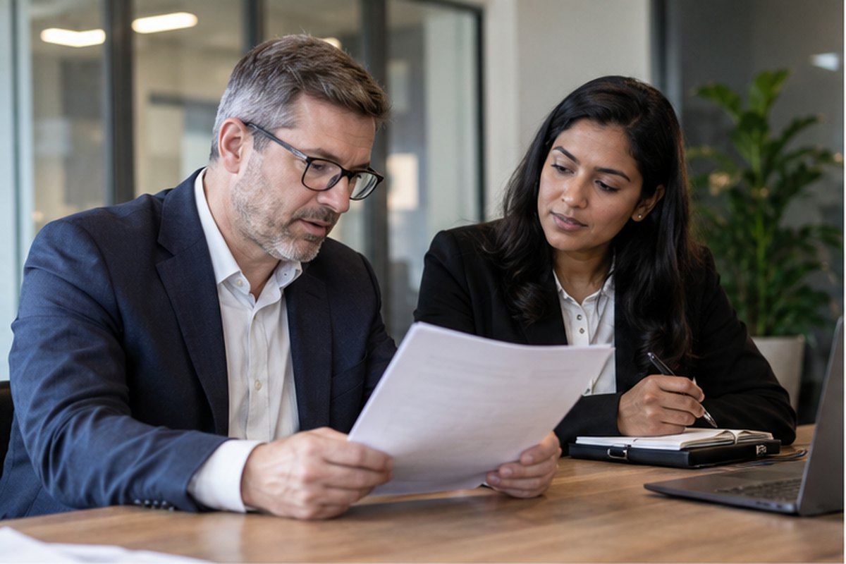 Procurement colleagues reviewing a commercial energy contract, relevant to deemed and out-of-contract business energy rates