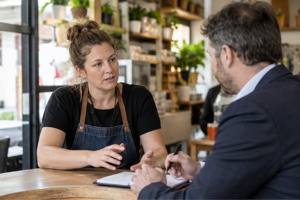Small business owner discussing an energy contract renewal, relevant to fixed versus pass-through business electricity contracts