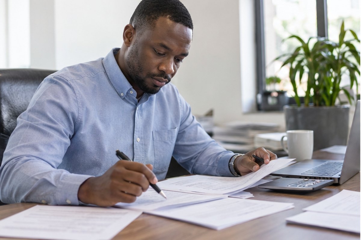 Finance manager checking the terms in a business energy agreement, relevant to deemed and out-of-contract business energy rates