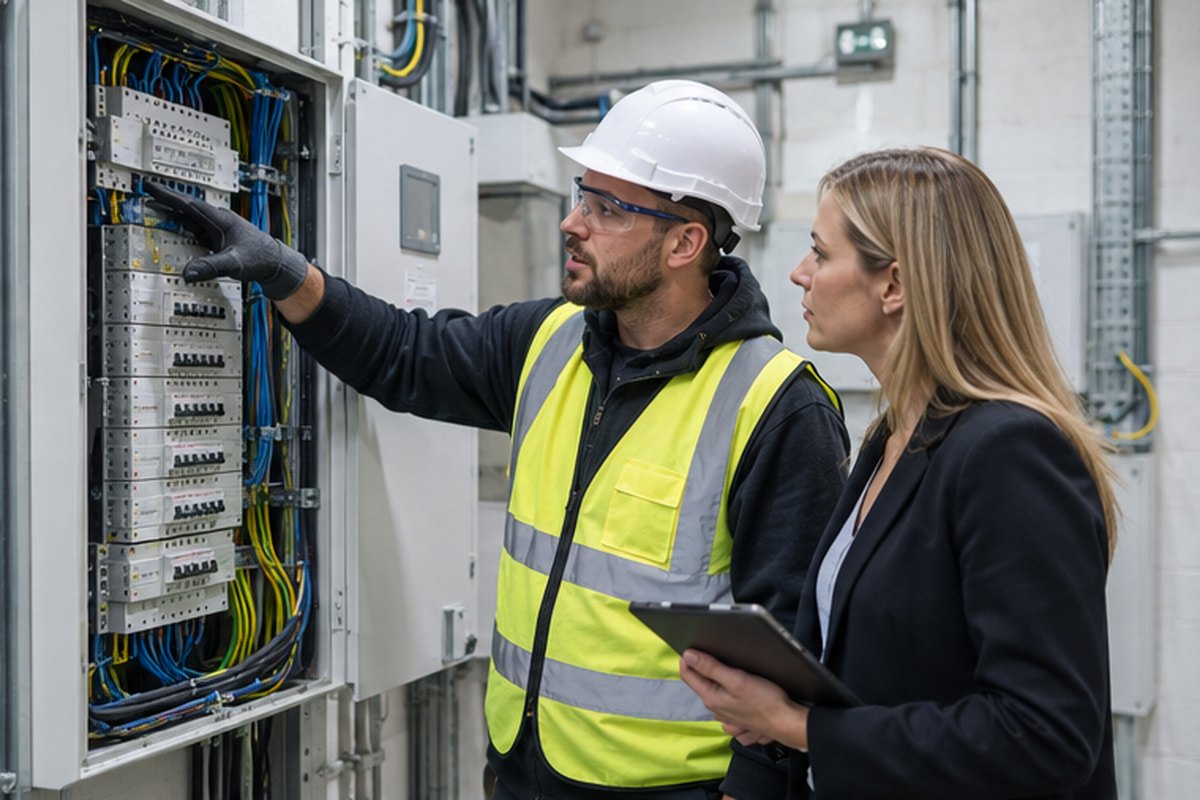 Electrician and facilities manager inspecting a commercial distribution board, relevant to business electricity without the guesswork
