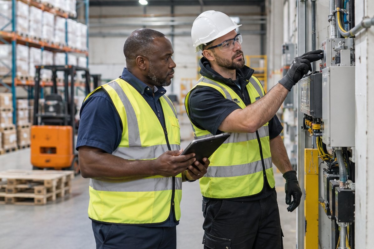 Warehouse team checking electrical equipment and site power needs, relevant to business electricity without the guesswork