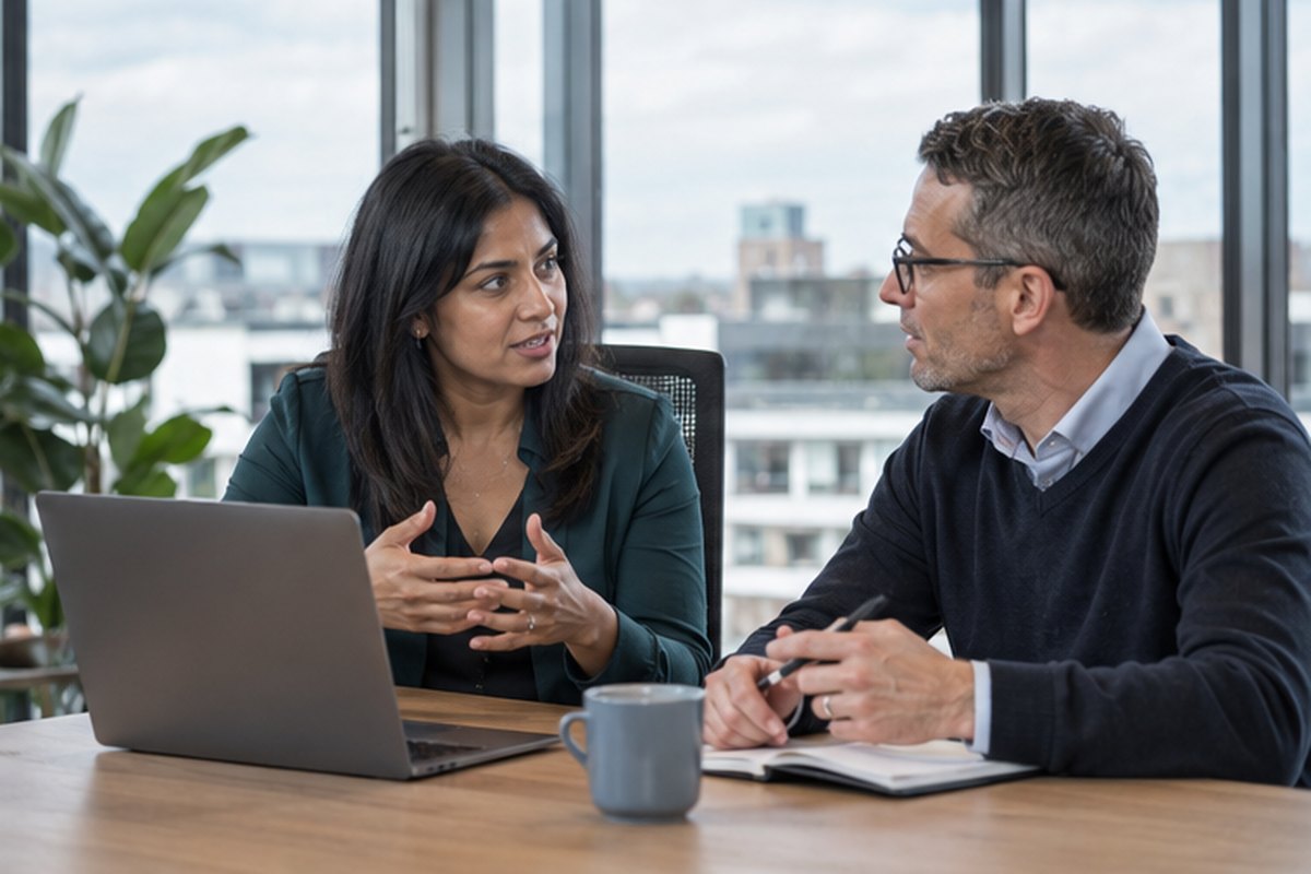 Office manager reviewing building electricity use with a specialist, relevant to market-wide half-hourly settlement: what businesses should check