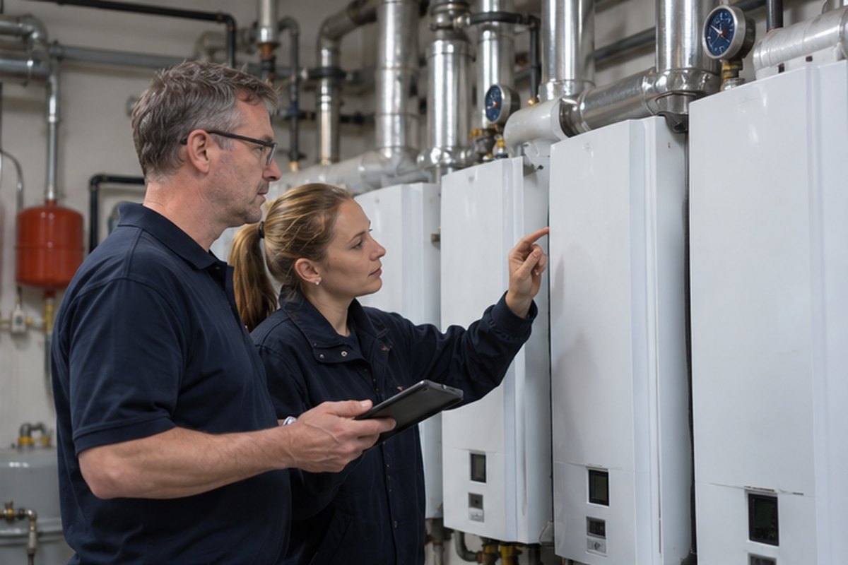 Facilities team checking a commercial boiler plant room, relevant to business gas prices and quotes, explained