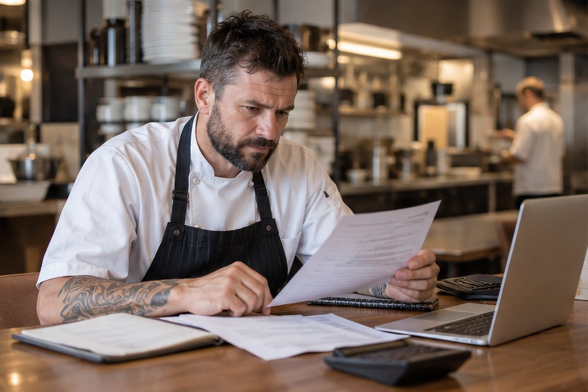 Restaurant manager reviewing commercial gas costs at a desk, relevant to business gas prices and quotes, explained
