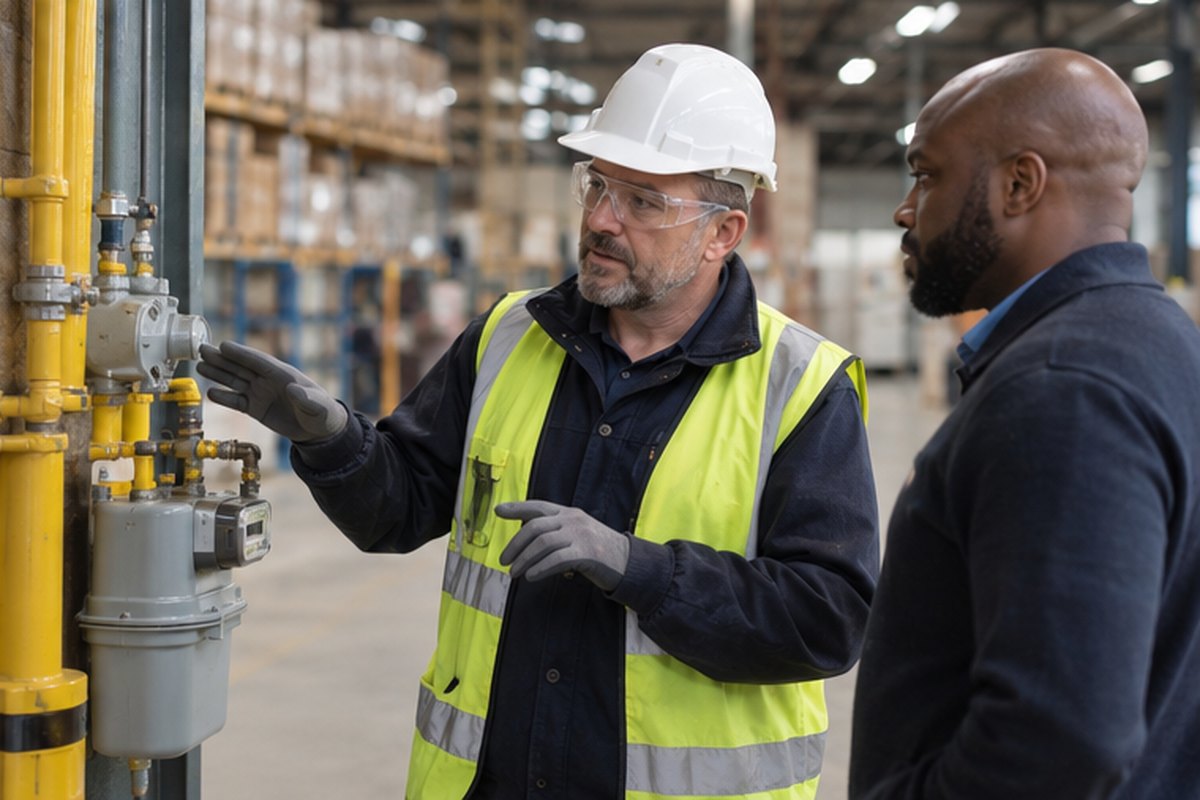 Engineer explaining a commercial gas installation to a site manager, relevant to compare business gas quotes like for like