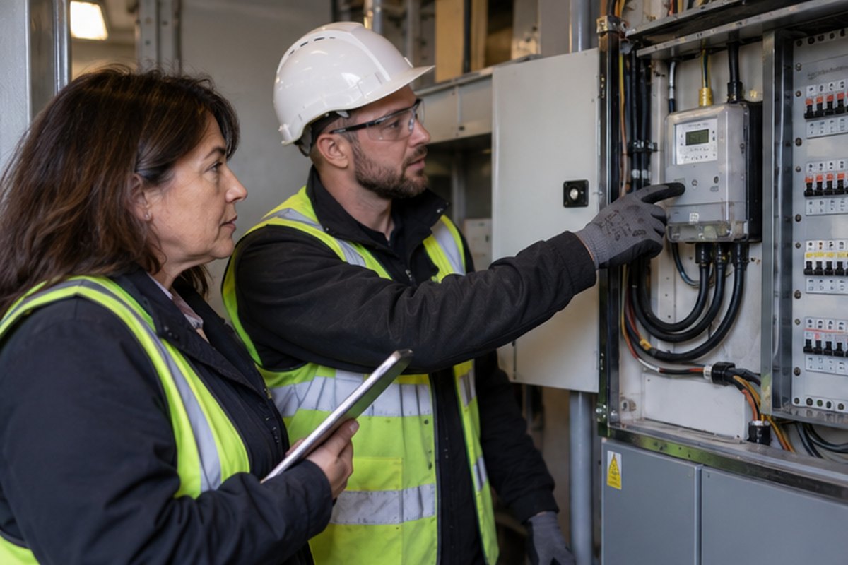 Facilities manager and electrician checking a commercial electricity meter, relevant to business gas annual quantity: aq versus actual use