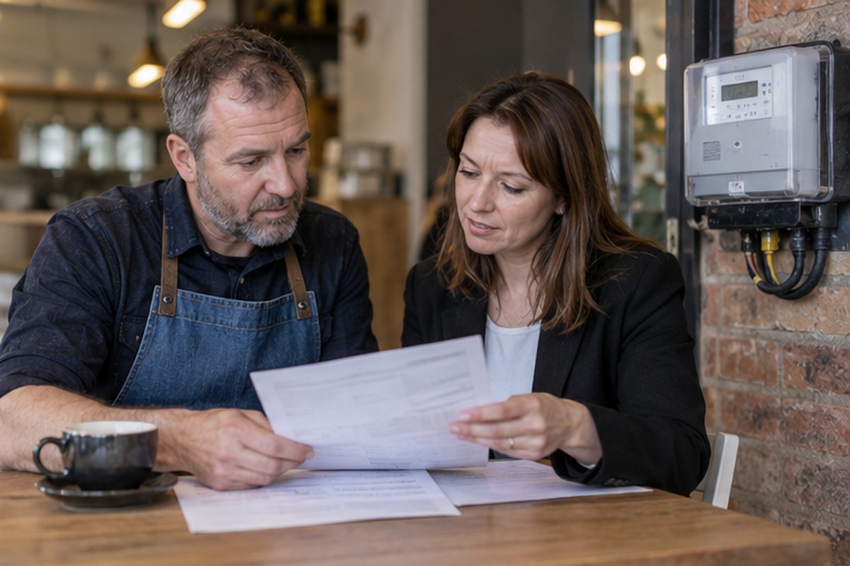 Business owner and adviser reviewing an energy bill beside a meter, relevant to help when a business energy bill is unaffordable or wrong