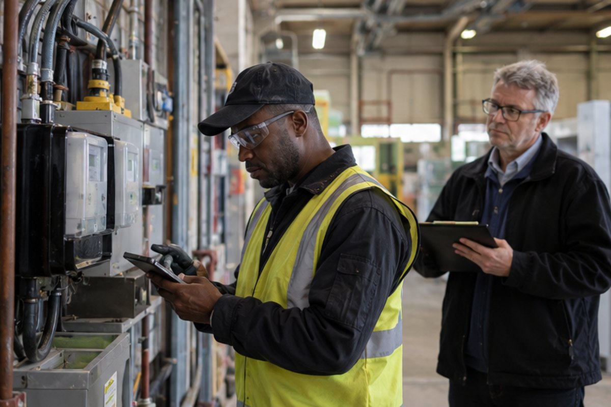Engineer recording a commercial meter reading in a plant room, relevant to help when a business energy bill is unaffordable or wrong