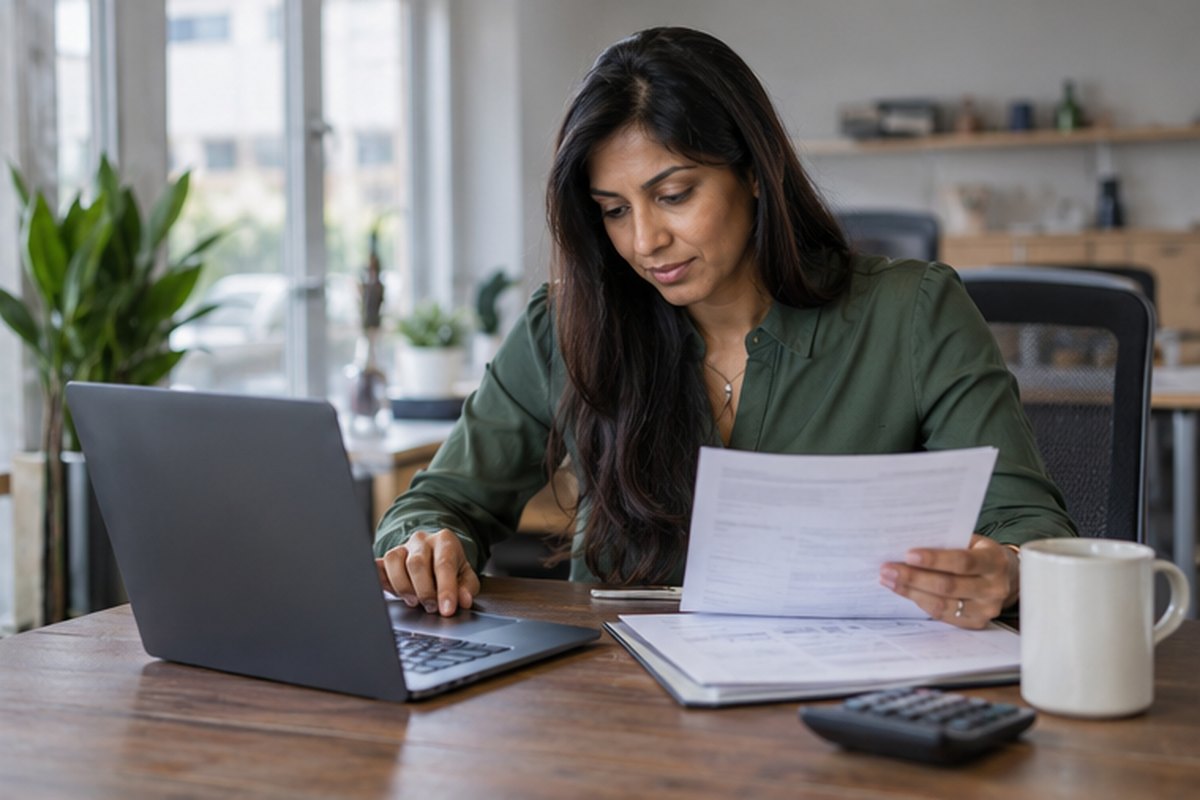 Finance manager reconciling energy usage with a commercial invoice, relevant to help when a business energy bill is unaffordable or wrong