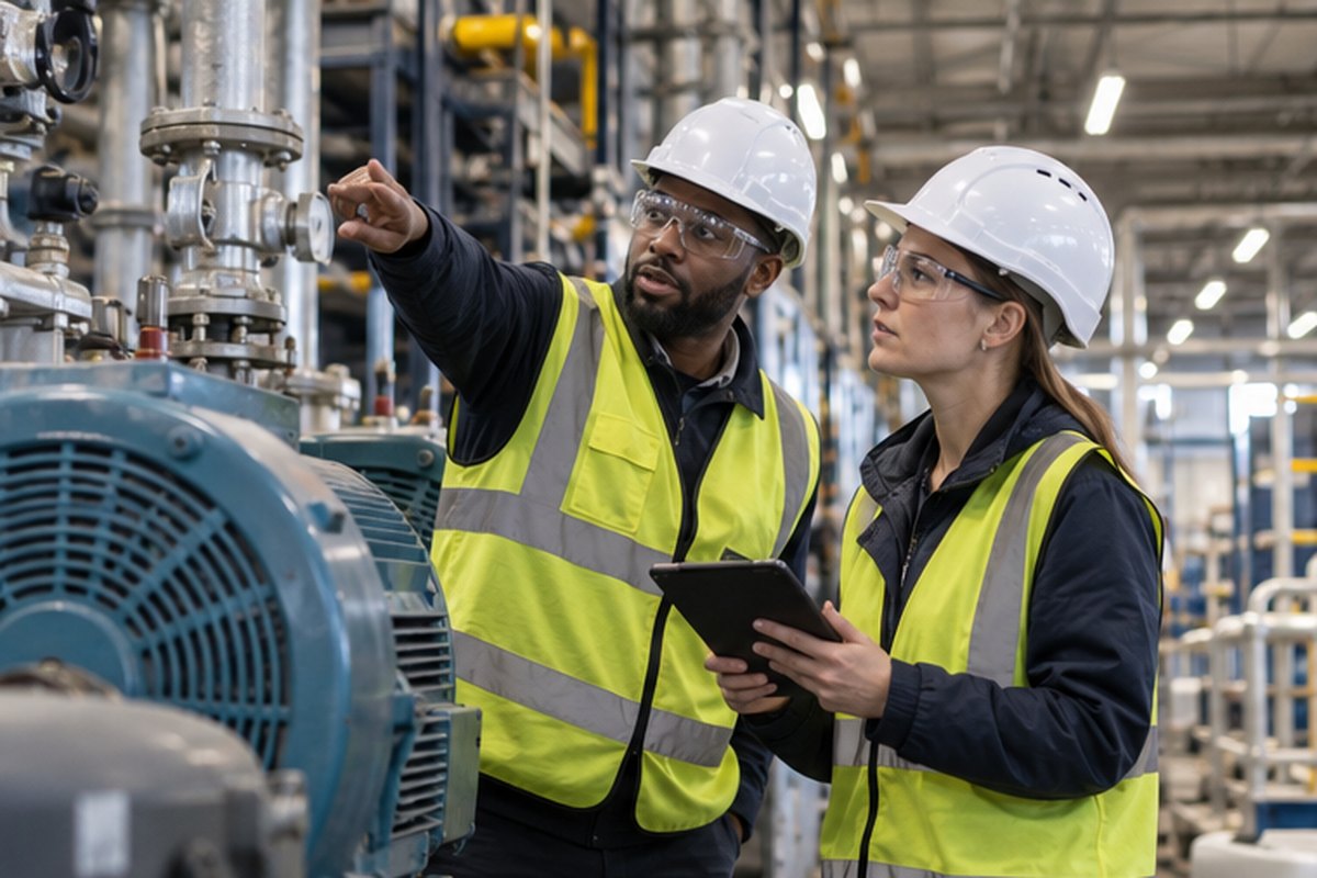 Energy manager and engineer auditing equipment in a factory, relevant to uk esos action plan tracker