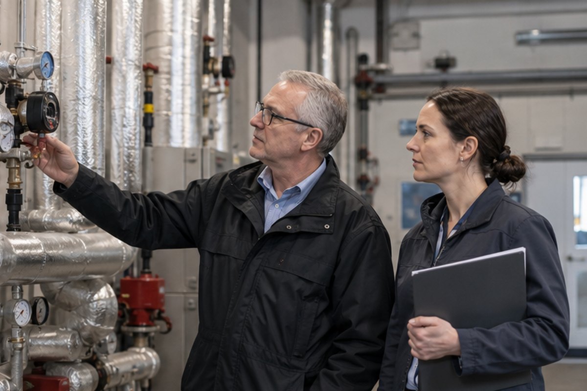Public-sector facilities team inspecting building energy systems, relevant to uk business energy intelligence: esos, brokers, contracts & flexibility