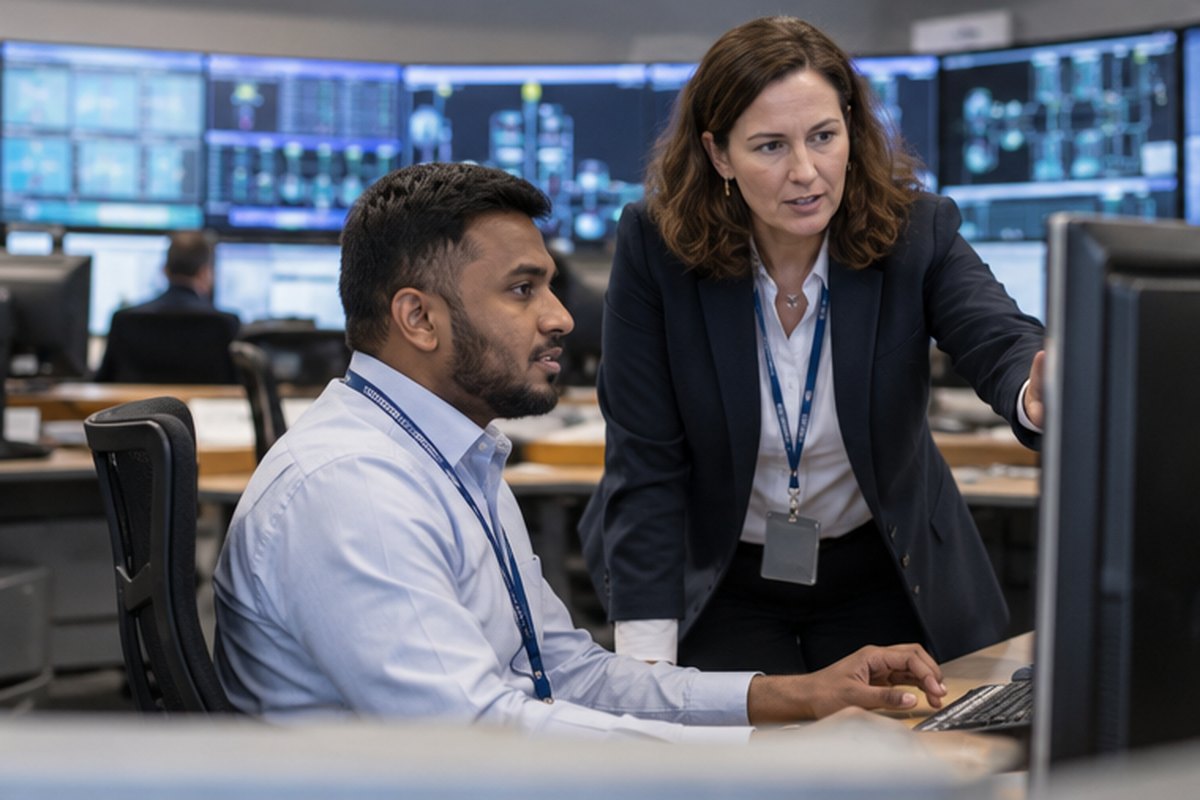 Control-room team discussing flexible commercial electricity demand, relevant to uk business energy intelligence: esos, brokers, contracts & flexibility