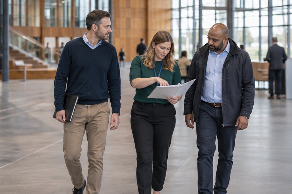 Sustainability team reviewing an energy action plan on a commercial site, relevant to uk business energy intelligence: esos, brokers, contracts & flexibility