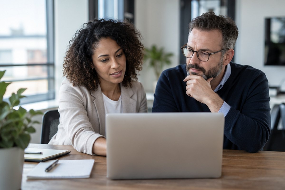 Business owner and adviser comparing commercial energy offers on a laptop, relevant to tools for checking business energy costs