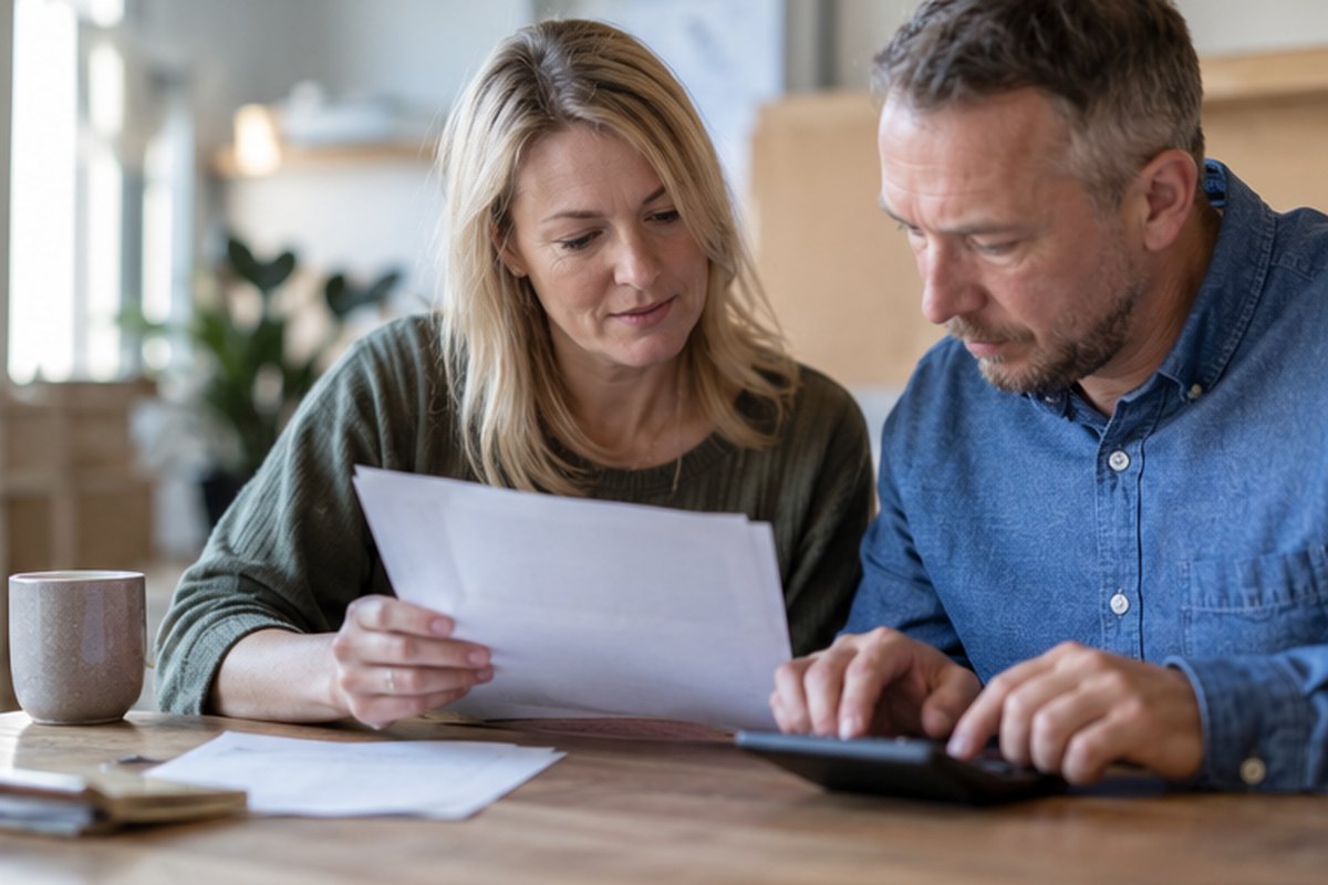Company owners checking an energy bill with a calculator, relevant to tools for checking business energy costs