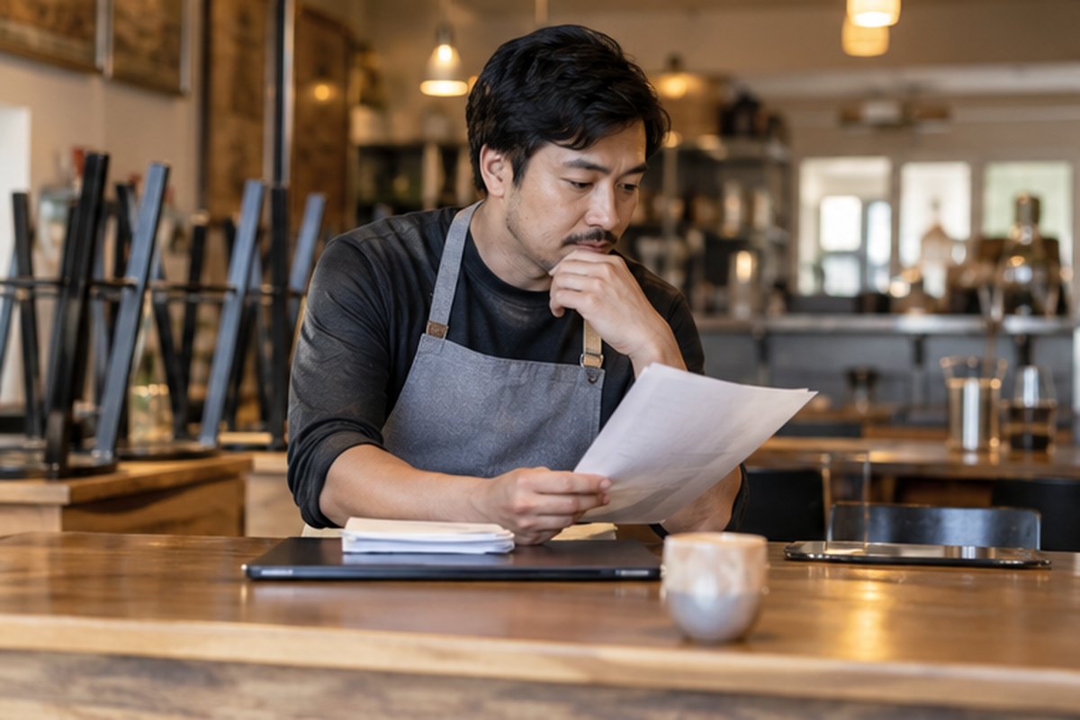 Café owner reviewing business energy paperwork after closing, relevant to get business energy prices