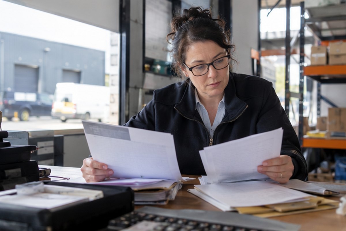 Finance manager comparing commercial energy contract paperwork, relevant to tools for checking business energy costs