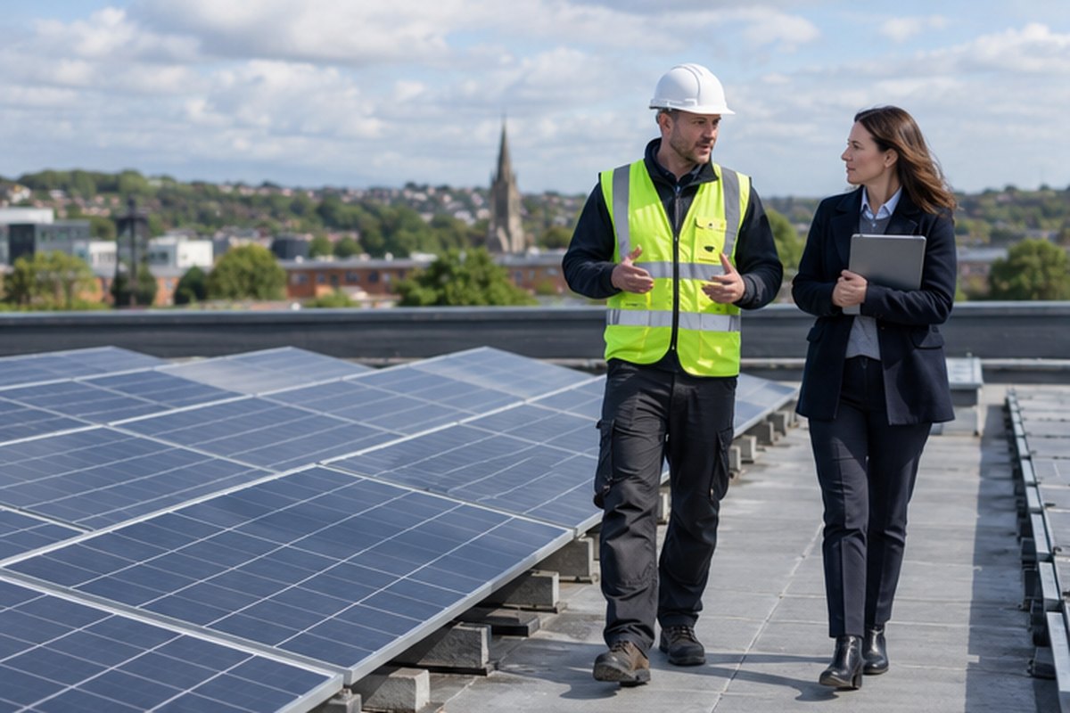 Business owner and solar engineer inspecting commercial rooftop panels, relevant to ecotricity