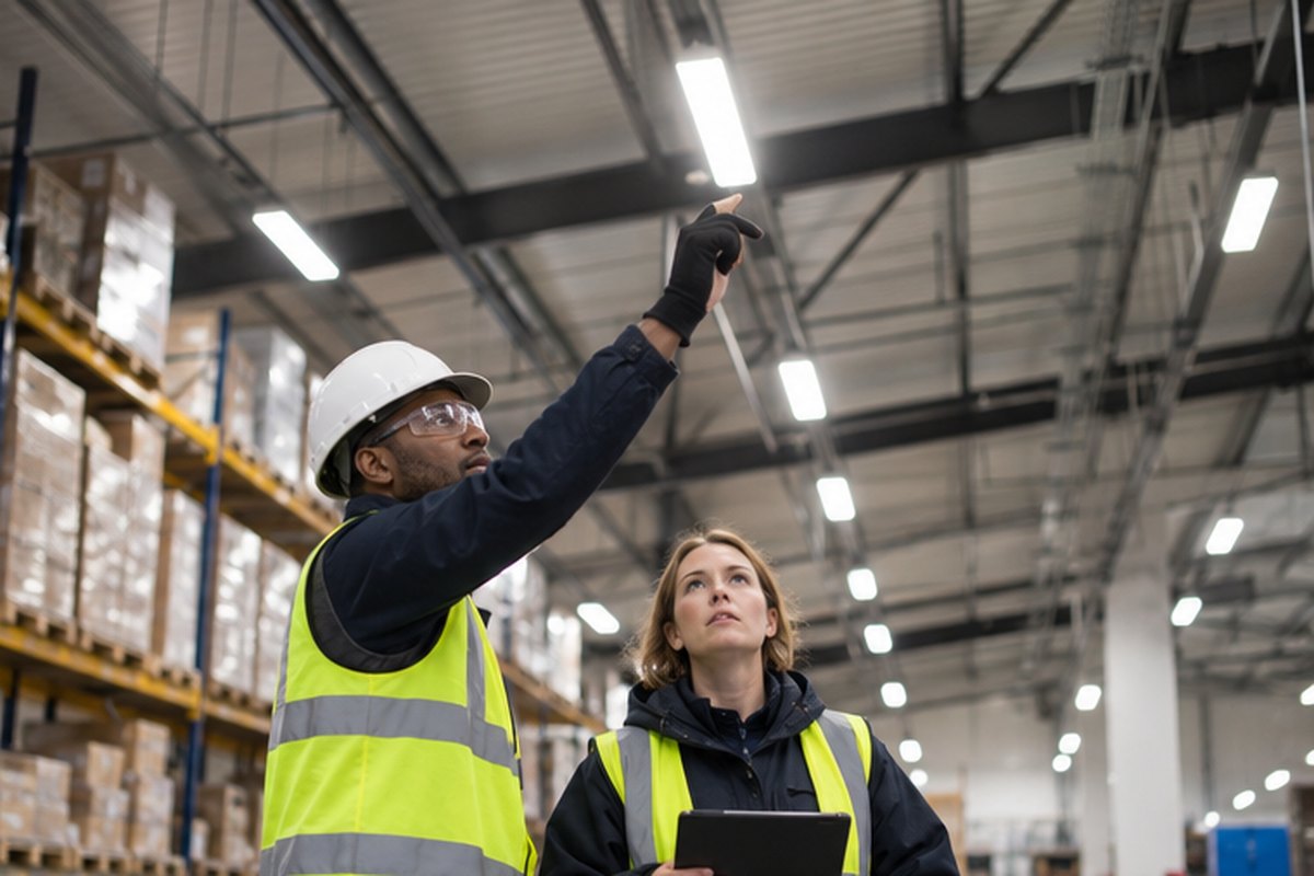 Facilities manager and technician inspecting efficient warehouse lighting, relevant to ecotricity
