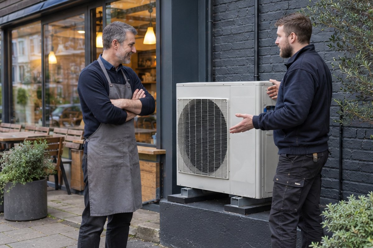 Small business owner discussing a commercial heat pump installation, relevant to business energy efficiency: find and verify useful savings