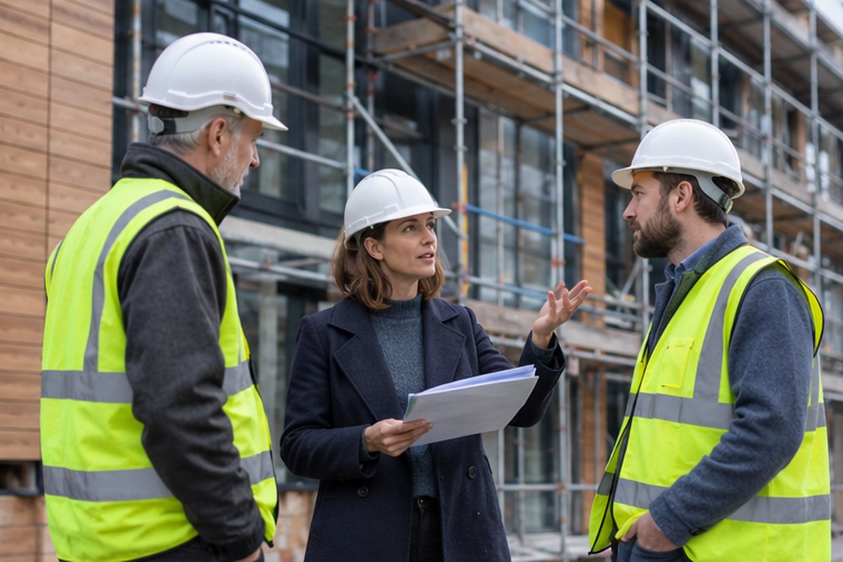 Sustainability team reviewing an energy retrofit at a commercial site, relevant to ecotricity