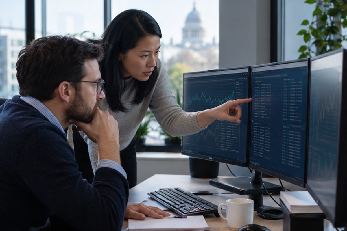 Business energy analysts studying market data on office monitors, relevant to how our business energy information is produced