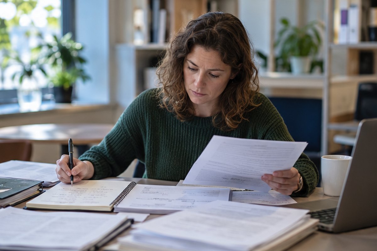 Researcher checking business energy source documents and notes, relevant to how our business energy information is produced