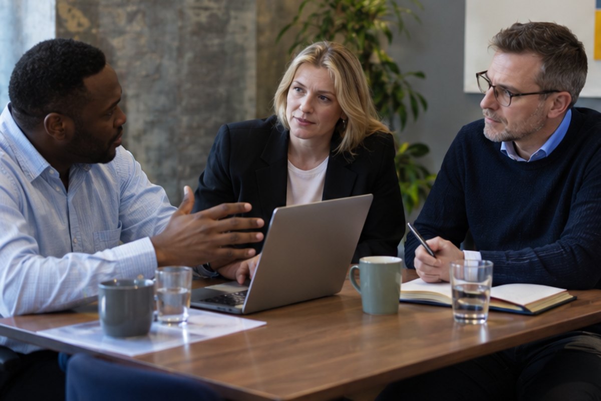 Editorial team discussing verified commercial energy findings, relevant to business energy research with the method attached