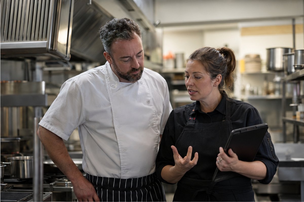 Restaurant manager and chef discussing kitchen energy demand, relevant to guides for controlling business energy costs