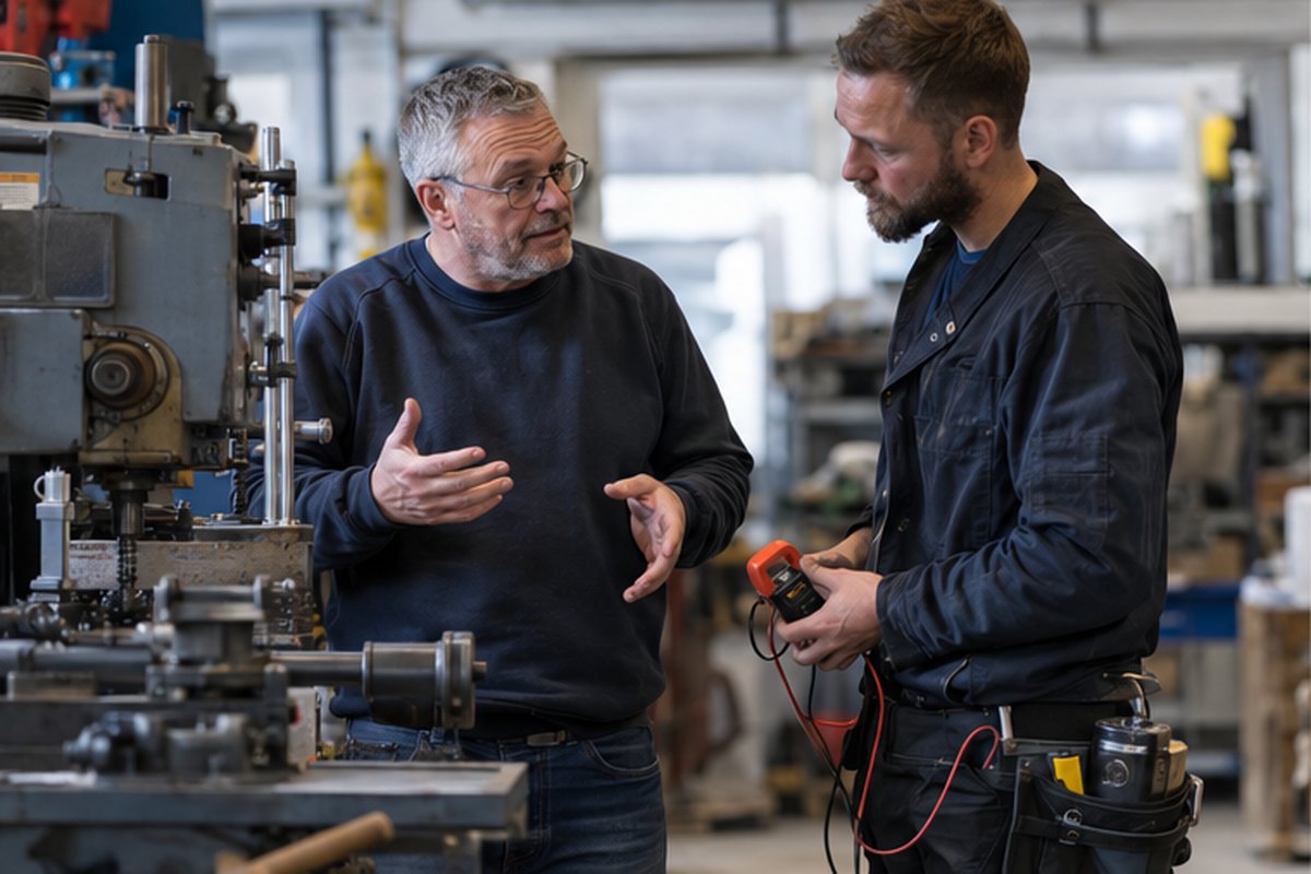 Workshop owner discussing machinery electricity use with a specialist, relevant to guides for controlling business energy costs