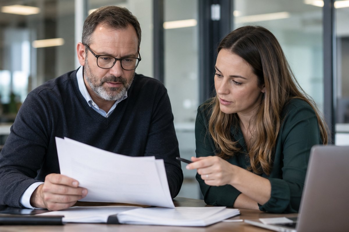 Business owners reviewing supplier paperwork and an energy bill, relevant to uk business energy suppliers
