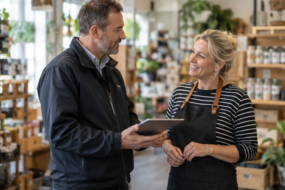 Energy account manager meeting a retail business owner, relevant to e.on next for business