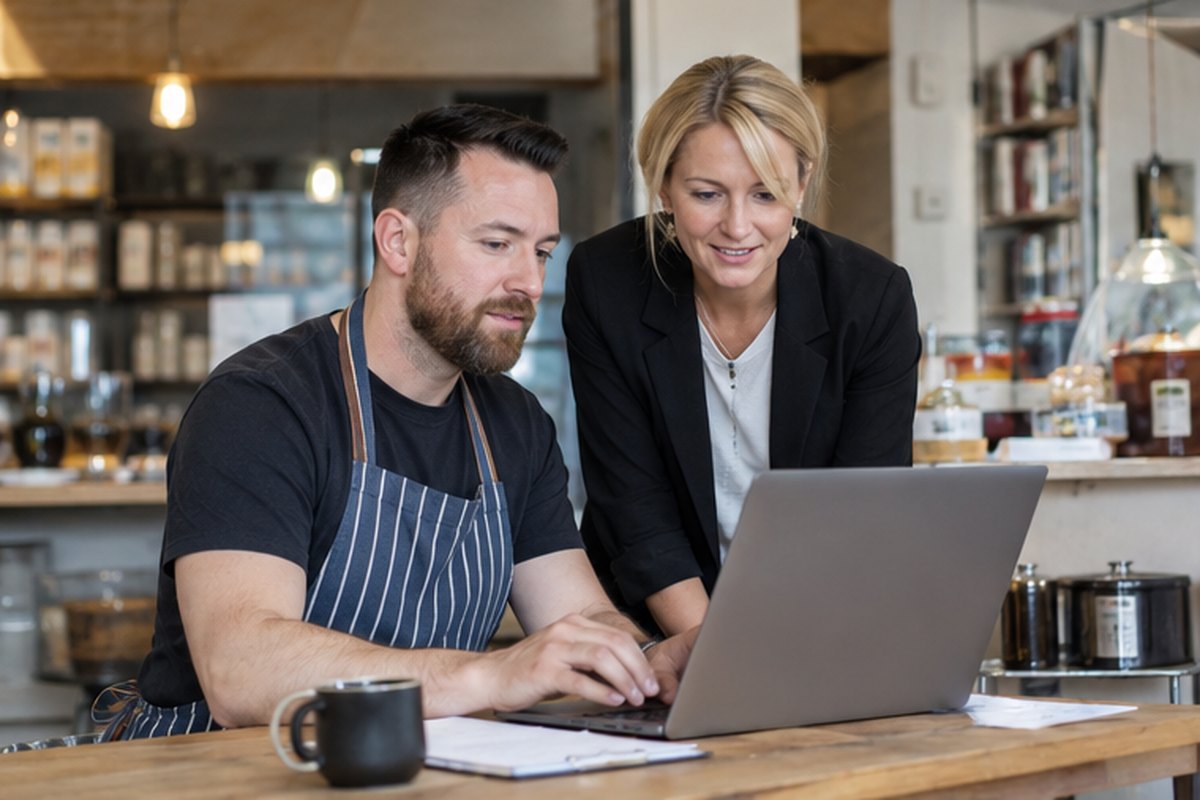 Business owner completing a secure energy enquiry on a laptop, relevant to how we use quote-request information