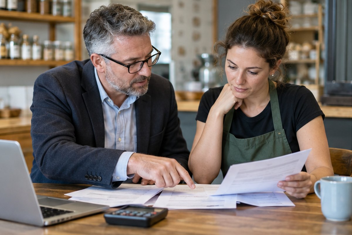 Accountant and business owner reviewing an energy invoice and tax records, relevant to vat on gas and electricity for business