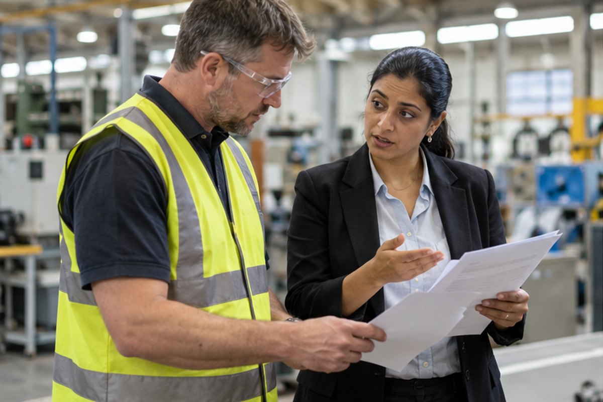 Adviser explaining energy tax relief documents at an industrial business, relevant to ccl charges and exemptions for businesses