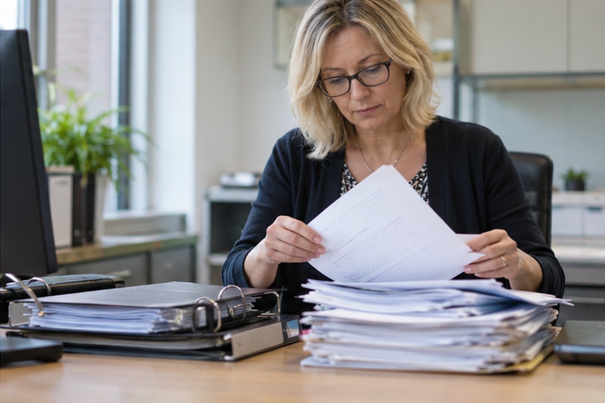 Office manager organising utility forms and supporting records, relevant to ccl charges and exemptions for businesses